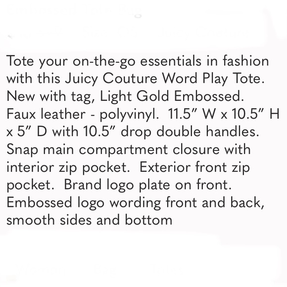 JUICY COUTURE Gold Embossed Word Play TOTE BAG! Neutral Faux Leather Crossbody - Picture 9 of 9